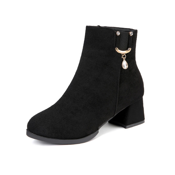 Cizme de dama elegante din piele intoarsa ecologica cu toc gros si element metalic in negru