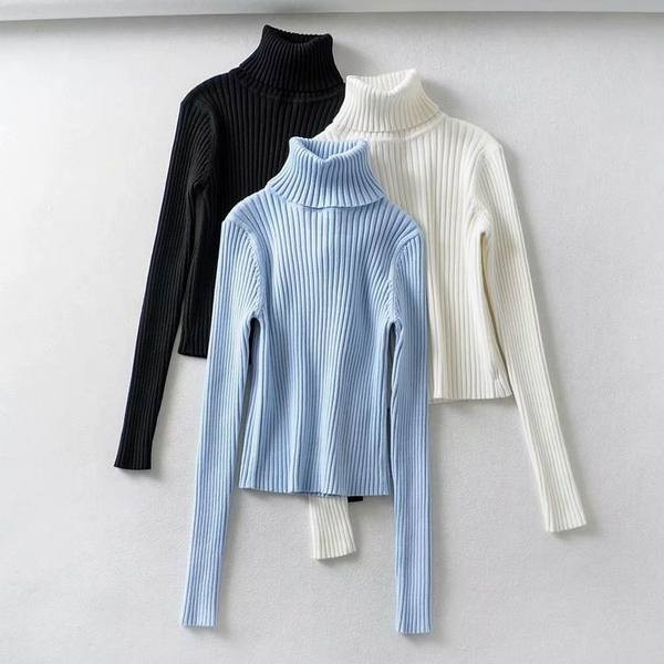 Modern női pulóver pólógallérral - testhezálló modell fehér, fekete és kék színekben