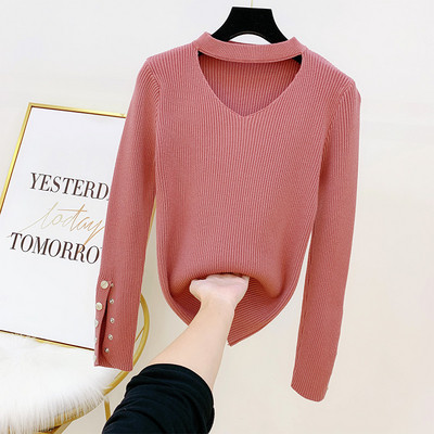 Pulover de dama cu nasturi si decolteu spitz in patru culori