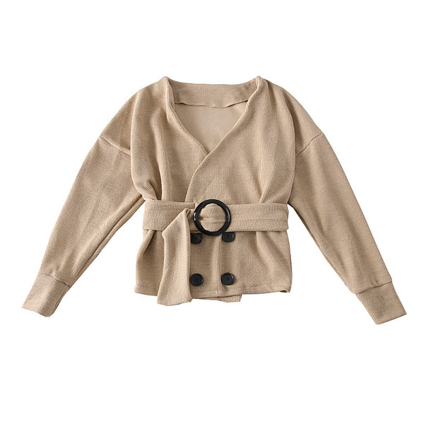 Vesta de dama moderna cu nasturi, curea si decolteu spitz in alb, negru, maro si bej