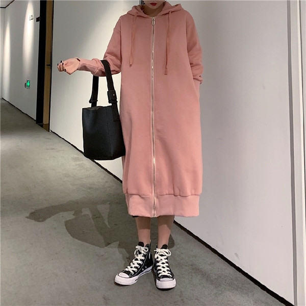 Hosszú sport-alkalmi kabát, rózsaszín kapucnival