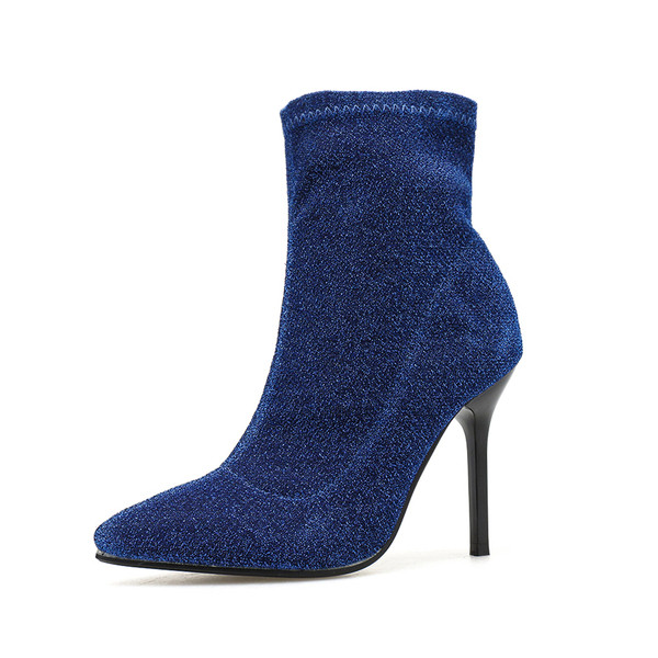 Cizme de damă elegante cu toc subțire și motive strălucitoare în albastru și negru