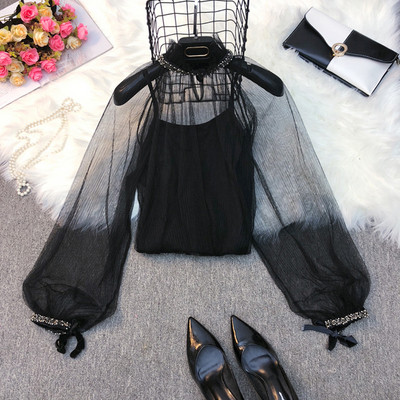 Bluza de dama stil nou model cu perle si tul in alb, negru si bej