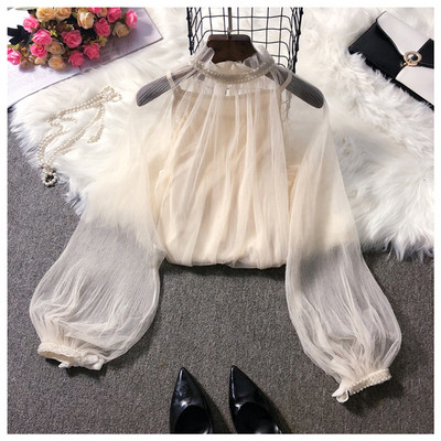 Bluza de dama stil nou model cu perle si tul in alb, negru si bej