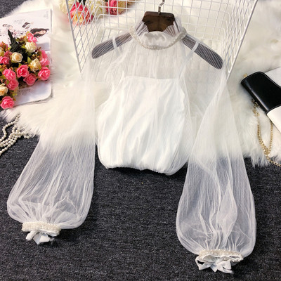 Bluza de dama stil nou model cu perle si tul in alb, negru si bej