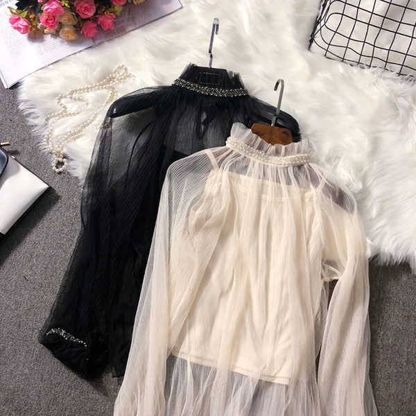 Bluza de dama stil nou model cu perle si tul in alb, negru si bej