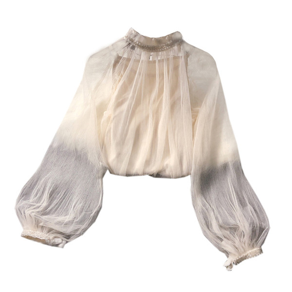 Bluza de dama stil nou model cu perle si tul in alb, negru si bej