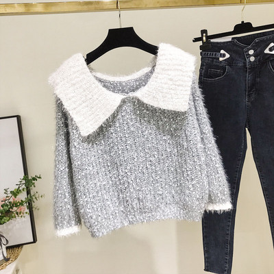 Pulover de dama modern model nou cu decolteu in culoarea gri si verde