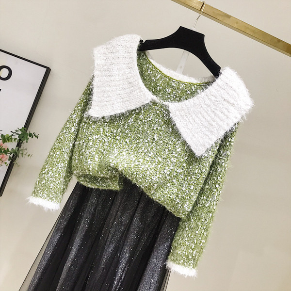 Pulover de dama modern model nou cu decolteu in culoarea gri si verde