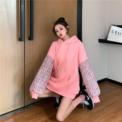 Hanorac lung și lat, roz, cu glugă