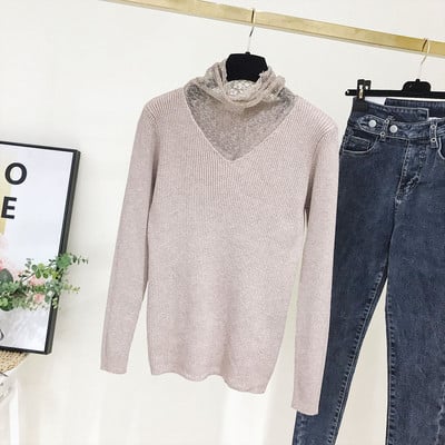 Нов модел дамски пуловер с висока поло яка от дантела в бял,черен и бежов цвят