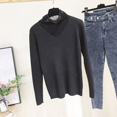 Нов модел дамски пуловер с висока поло яка от дантела в бял,черен и бежов цвят