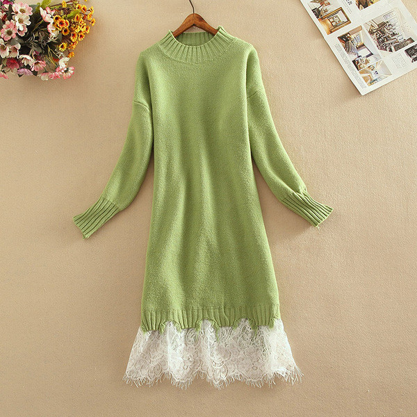 Rochie moderna de dama tricotata cu decolteu oval si dantela in patru culori