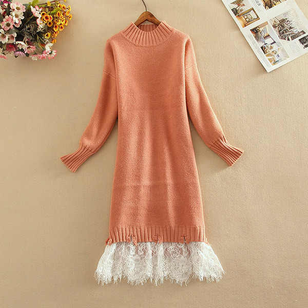 Rochie moderna de dama tricotata cu decolteu oval si dantela in patru culori