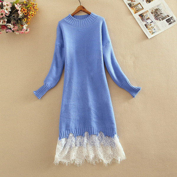 Rochie moderna de dama tricotata cu decolteu oval si dantela in patru culori