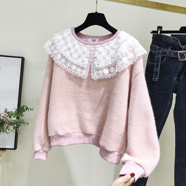 Új modell női pulóver O-nyakkal, fehér és rózsaszín színben