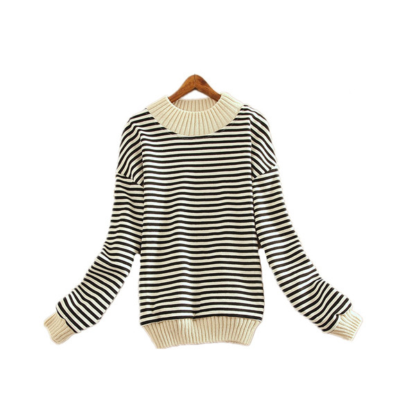 Pulover casual de dama in dungi cu decolteu oval in rosu, negru si albastru