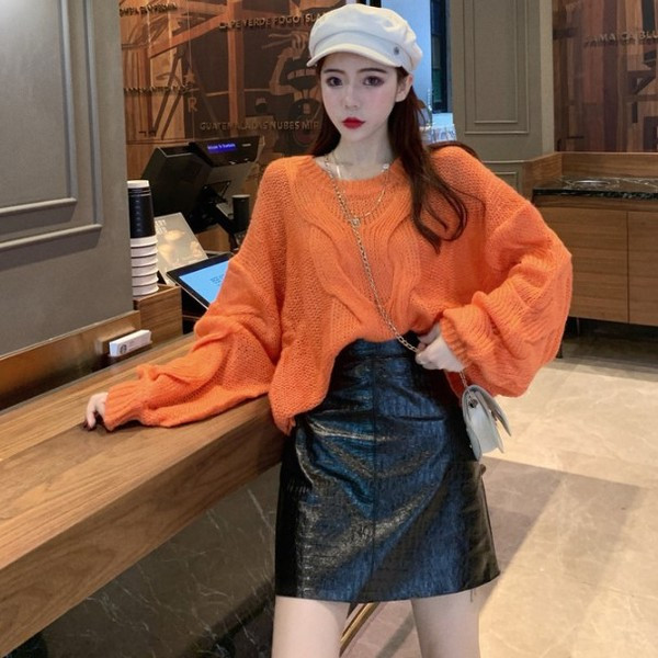 Női széles pulóver narancssárga és zöld színben