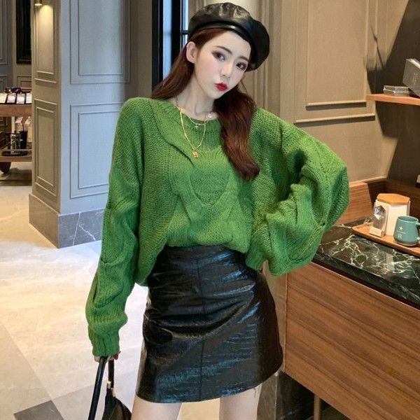 Női széles pulóver narancssárga és zöld színben