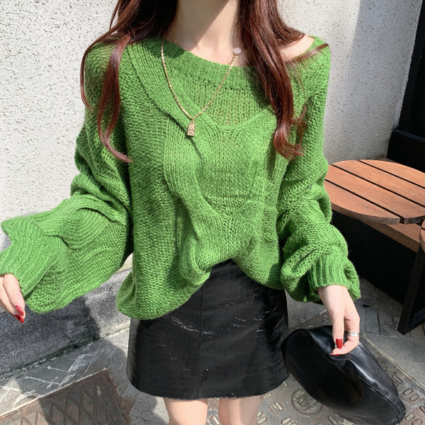 Női széles pulóver narancssárga és zöld színben