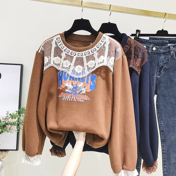 Pulover de dama modern model nou cu decolteu O si imprimeu in maro si albastru