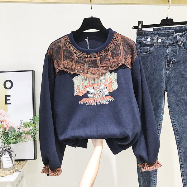 Pulover de dama modern model nou cu decolteu O si imprimeu in maro si albastru