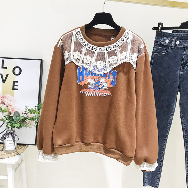 Pulover de dama modern model nou cu decolteu O si imprimeu in maro si albastru