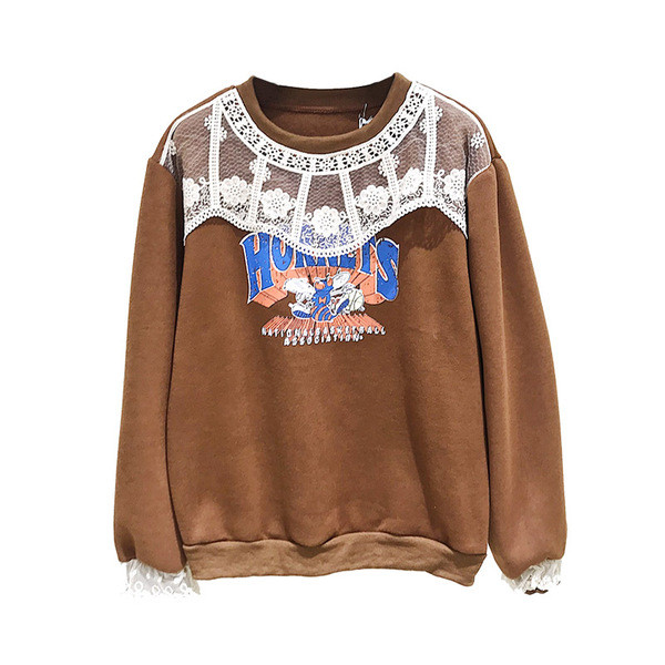 Pulover de dama modern model nou cu decolteu O si imprimeu in maro si albastru