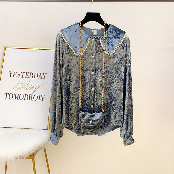 Cămașă de damă din catifea cu perle în patru culori