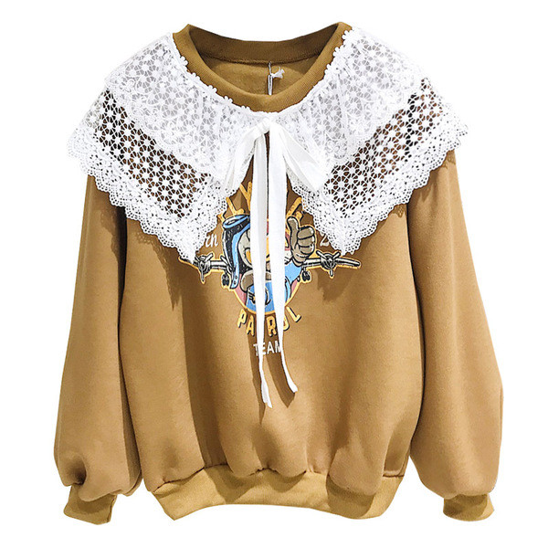 Γυναικεία μπλούζα με εφαρμογή και δαντέλα σε λευκό και καφέ χρώμα