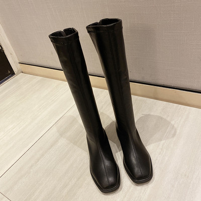 Cizme de dama din piele cu toc jos groase de culoare neagra