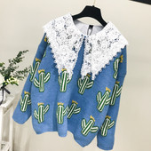 Pulover de dama model nou cu dantela si decolteu O in albastru