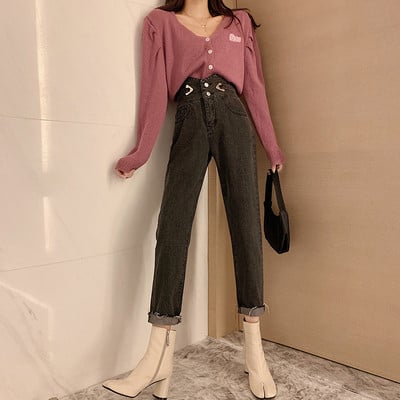 Blugi de dama cu elemente metalice in albastru si negru si talie inalta