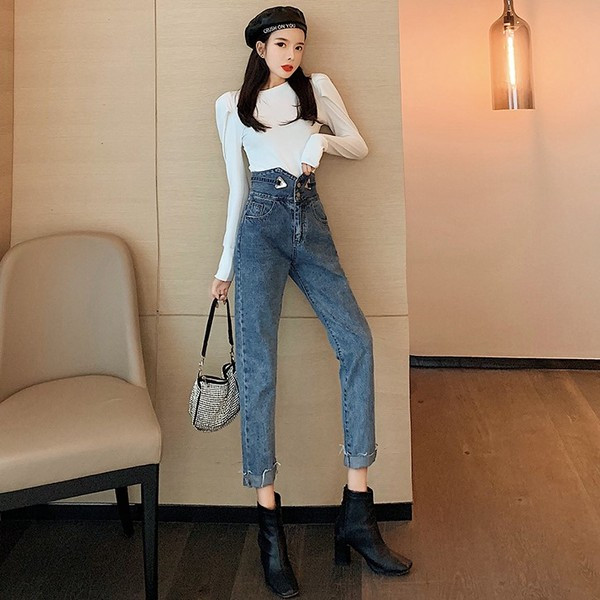 Blugi de dama cu elemente metalice in albastru si negru si talie inalta