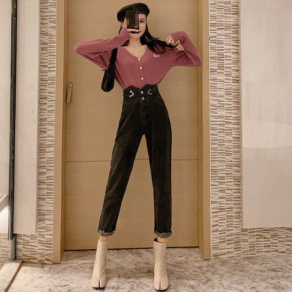 Blugi de dama cu elemente metalice in albastru si negru si talie inalta