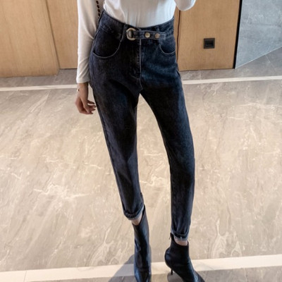 Blugi lungi de dama moderni cu talie inalta si buzunare in albastru si negru