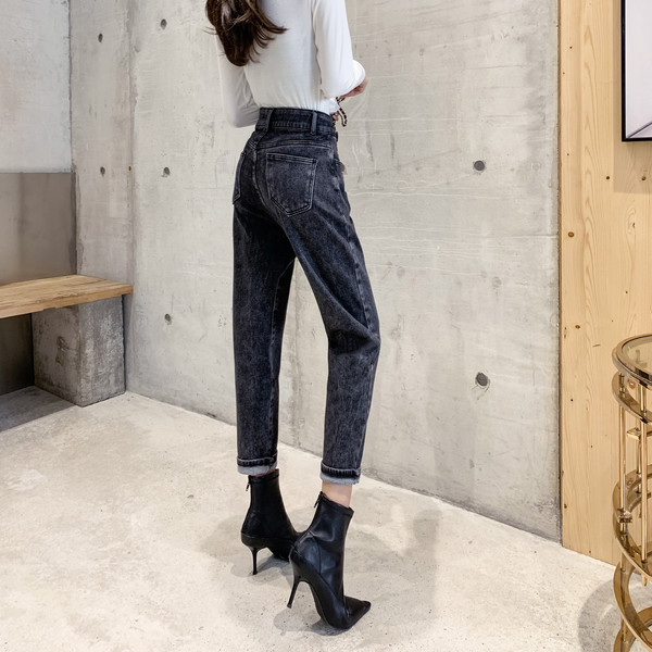 Blugi lungi de dama moderni cu talie inalta si buzunare in albastru si negru