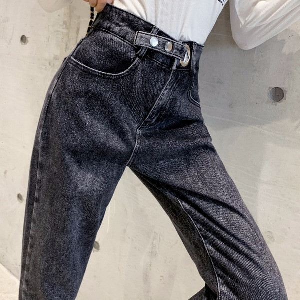 Blugi lungi de dama moderni cu talie inalta si buzunare in albastru si negru