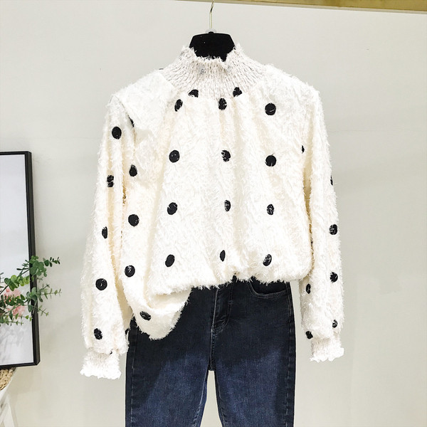 Új modell modern női blúz, pöttyös, magas pólógallérral