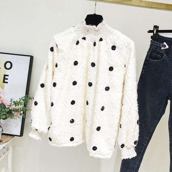 Új modell modern női blúz, pöttyös, magas pólógallérral