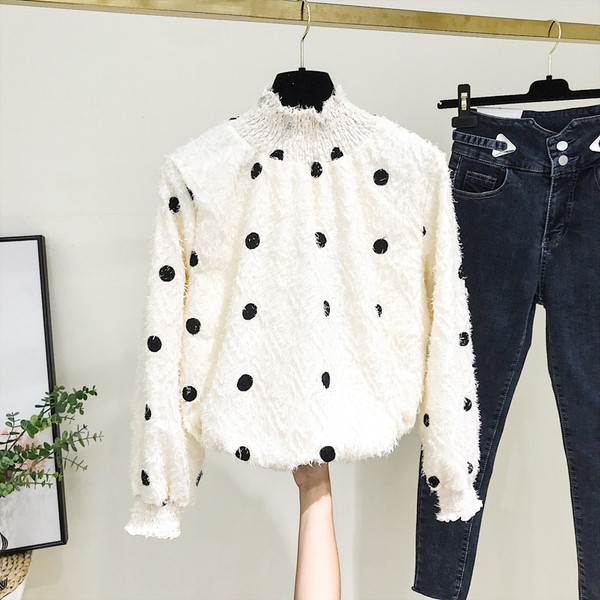 Új modell modern női blúz, pöttyös, magas pólógallérral