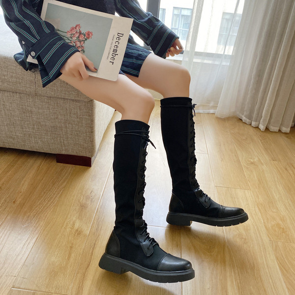 Cizme de iarnă de damă din piele cu șireturi de culoare neagră