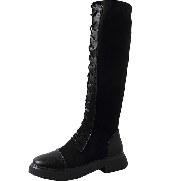 Cizme de iarnă de damă din piele cu șireturi de culoare neagră