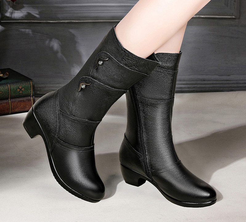 Cizme casual de dama cu fermoar si toc gros in negru