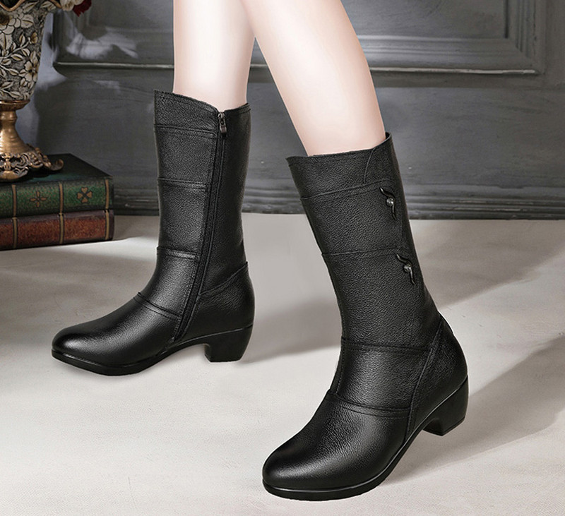 Cizme casual de dama cu fermoar si toc gros in negru