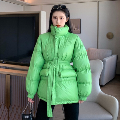 Geaca de iarna casual de dama cu guler inalt si curea in verde, negru si visiniu