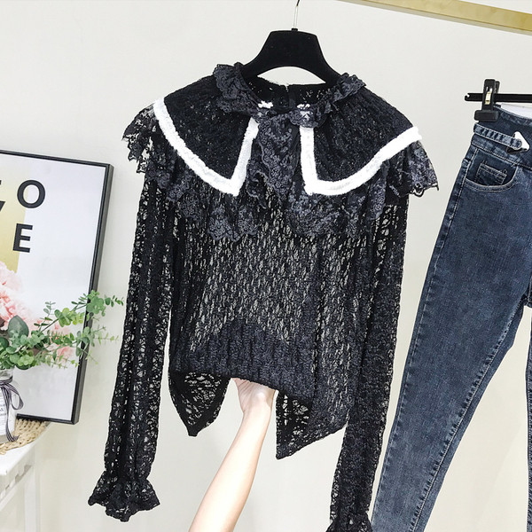 Bluza de dama din dantela model nou cu decolteu O in alb si negru