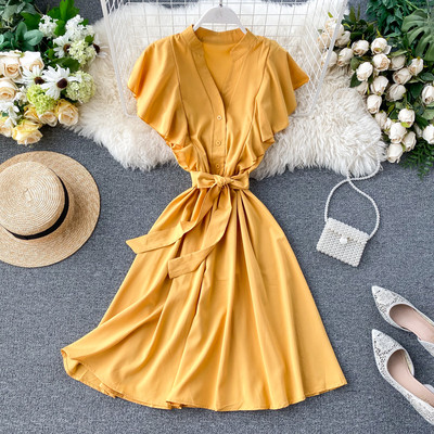 Rochie de dama cu decolteu in V in nasturi in mai multe culori