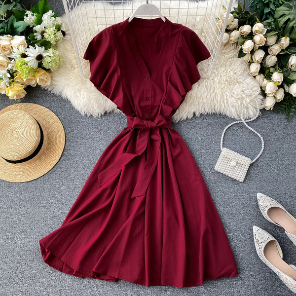 Rochie de dama cu decolteu in V in nasturi in mai multe culori