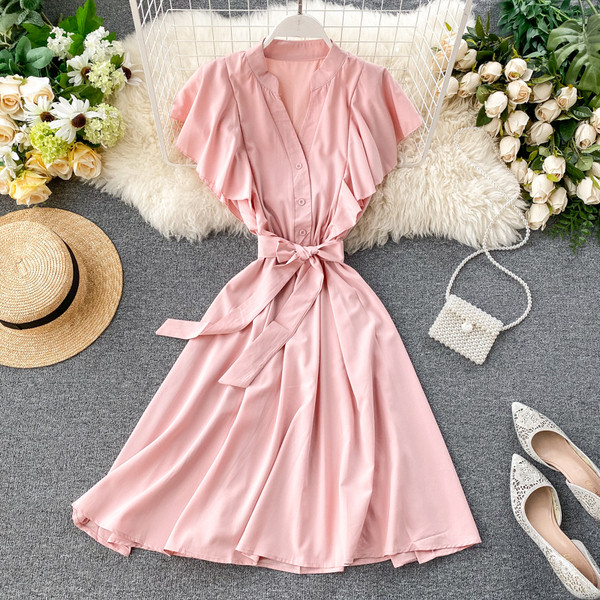 Rochie de dama cu decolteu in V in nasturi in mai multe culori